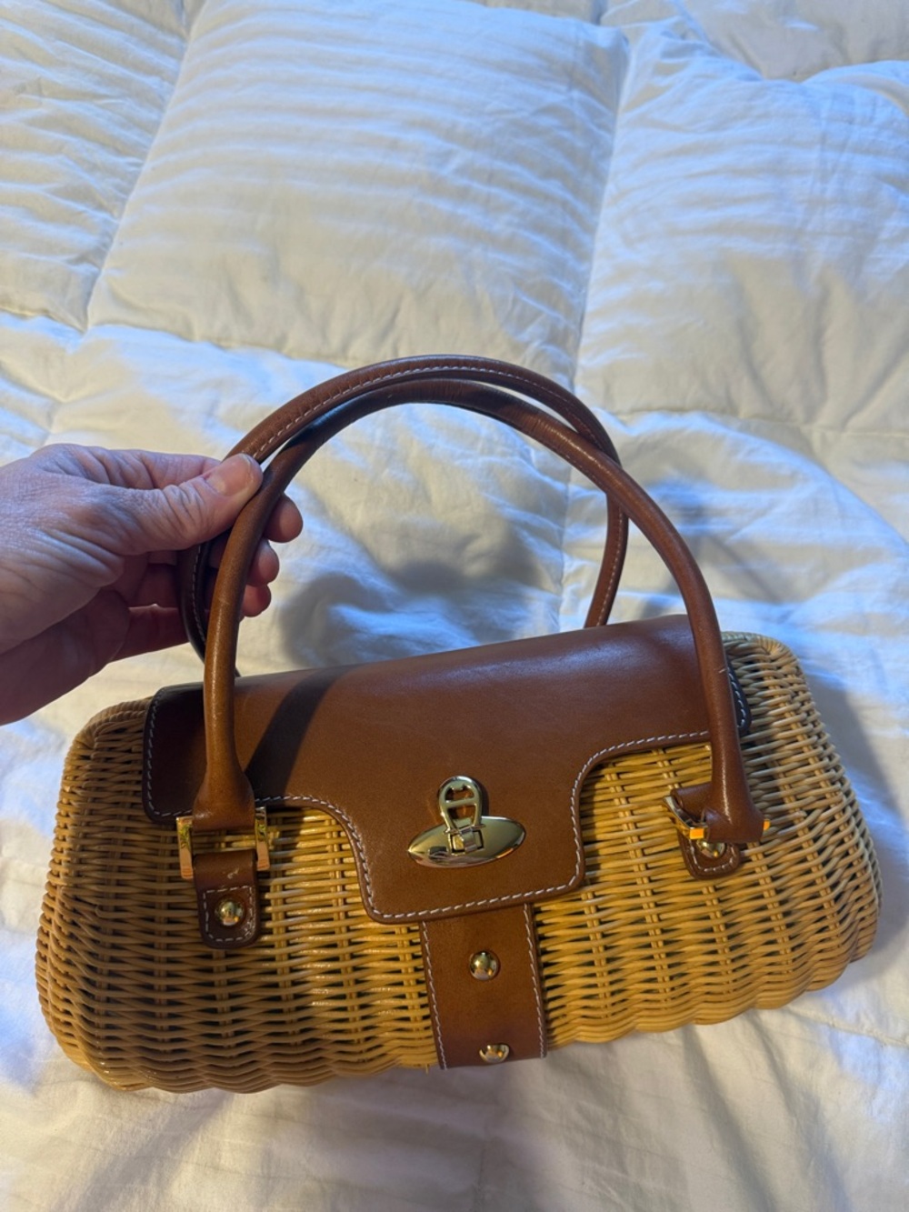 Etienne Aigner Woven Straw and Brown Leather Top-Handle Bag